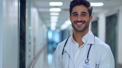 Fototapeta premium A successful doctor in a pristine white coat smiling confidently in a modern hospital corridor