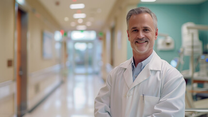 Fototapeta premium A successful doctor in a pristine white coat smiling confidently in a modern hospital corridor