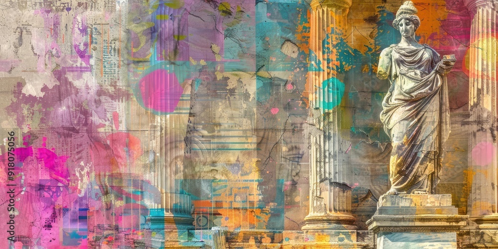 Poster abstract artwork of a weathered statue and columns.