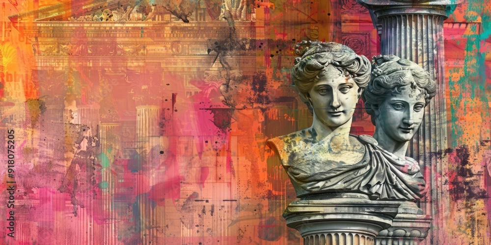Poster ancient roman bust on a column with an abstract background.