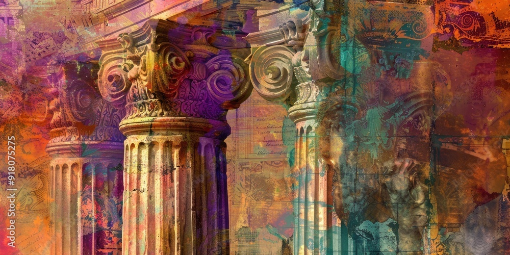 Poster abstract art of stone columns and weathered paint.