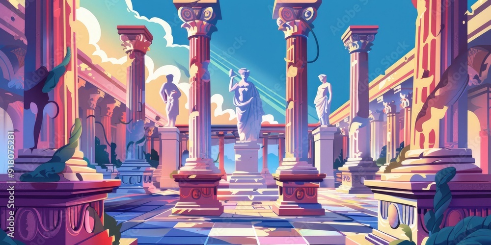 Poster ancient greek architecture with statues and columns.