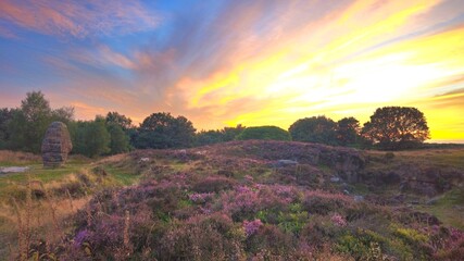Golden Hour, Sunset Over Stanton Moor, Derbyshire, Peak District National Park, UK, Heather In Bloom, Landscape Photography