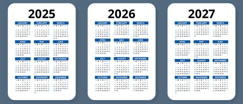 2025, 2026 and 2027 calendar set. Vector pocket calender design. Week starts on Sunday. January, February, March, April, May, June, July, August, September, October, November, December