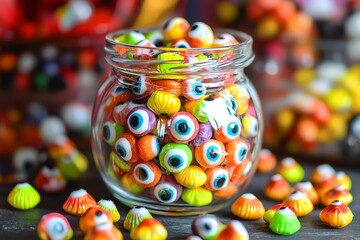 Close-up of a glass jar filled with colorful candy eyeballs for Halloween.