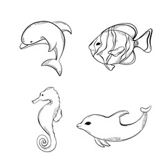 Set os cute line technique dolphin and fish. Hand drawn  elements. Sea animals. Vector doodle set of marine life objects for your design.