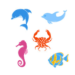 Set with hand drawn sea life elements. Sea animals. Vector doodle  set of marine life objects for your design.