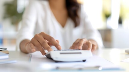 Fototapeta premium Financial Planning and Tax Calculation in Office Setting - Businesswoman Using Calculator with Tax Symbol Displayed