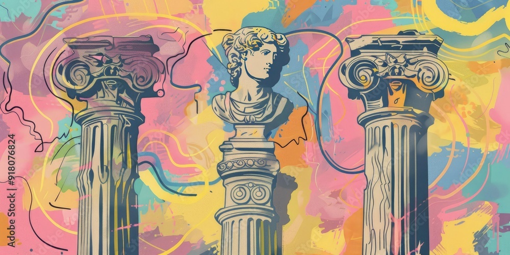Poster three columns and a bust against a colorful background.