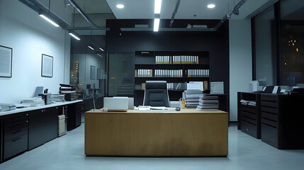 Empty office desk with stacks of papers, a chair, and a bookshelf.