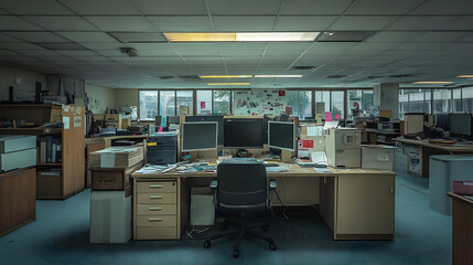 Empty office desk with three monitors and office chair.