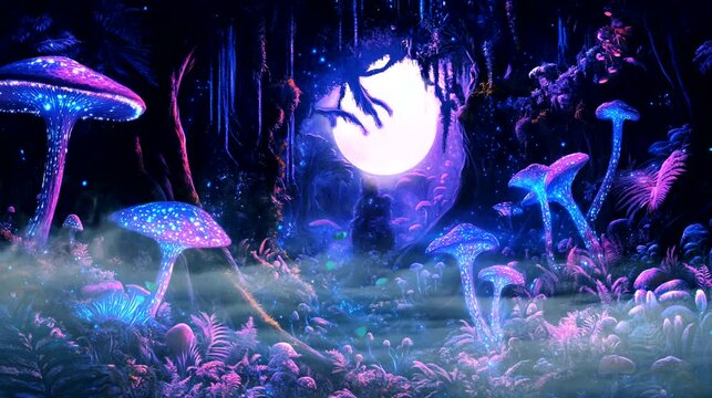 Seamless looping 4k time-lapse lofi animation video background of an enchanted forest with glowing mushrooms and a bright full moon. Fantasy and mystical nature concept