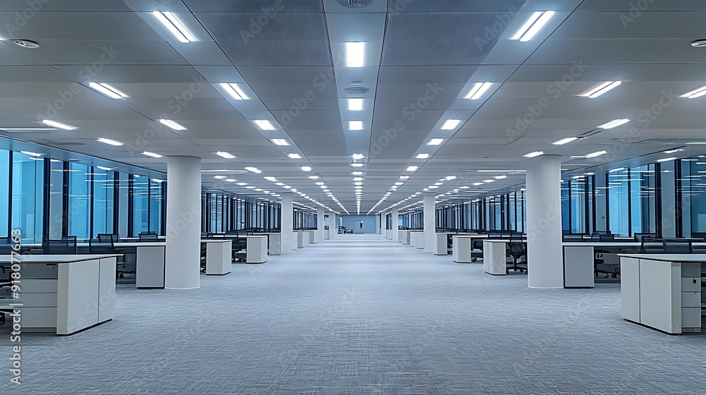 Poster empty office space with long rows of desks.