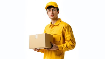 Young Hungary delivery man in yellow uniform and cap, and grabing a food box from far awayon isolated white background