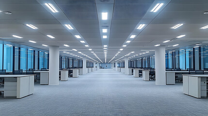 Empty office space with long rows of desks.