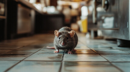 A photo of mice running around in a restaurant kitchen with a tile floor, a photo that can be used as an advertising photo related to quarantine and insect repellent, Generative AI