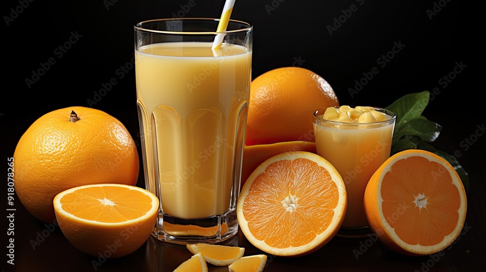 Wall mural Glass of orange juice and fresh orange fruits  