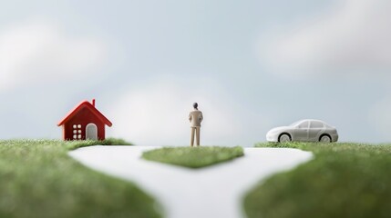 Decision Time - Individual at Fork in Road with Path to House and Car