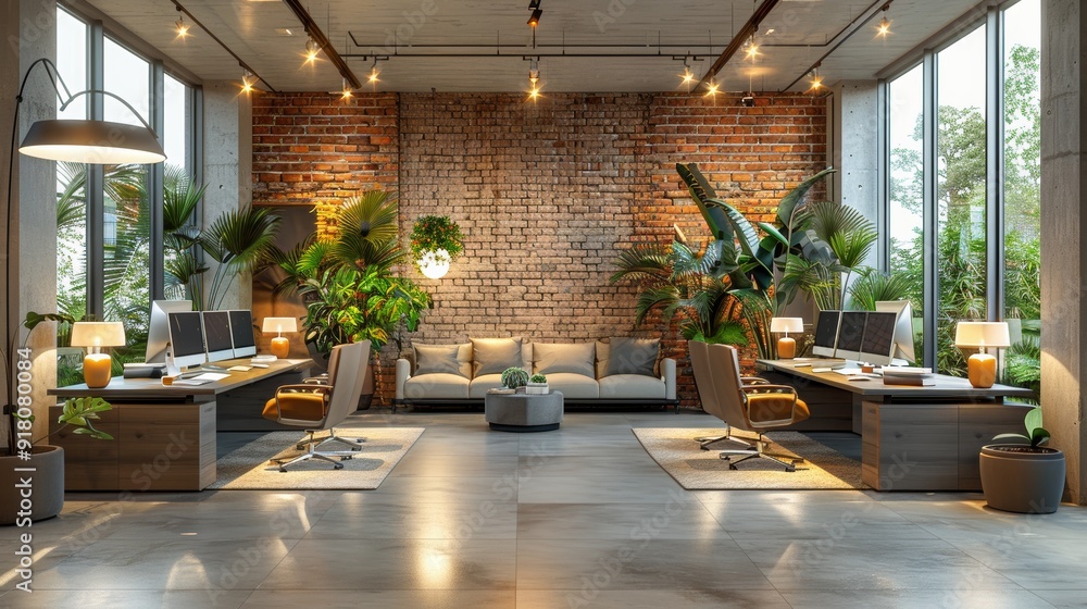 Poster modern collaborative workspace with greenery and warm lighting in an urban setting