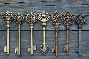 Six antique skeleton keys with intricate designs on a rustic wooden background.
