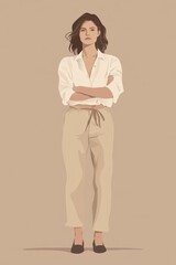 Fototapeta premium Minimalism illustration, a Caucasian woman, wearing a linen blouse and organic cotton trousers, standing with arms crossed, eco-friendly fashion, boho, flat illustration on muted earth brown 