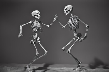 Four skeletons dancing in a spooky setting.