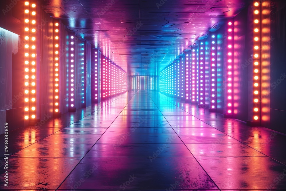 Poster bright led light bars create a colorful corridor effect in a modern space. generative ai