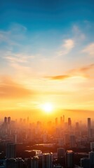 Fototapeta premium Stunning sunset over a city skyline, showcasing vibrant orange and blue hues that ignite the horizon.