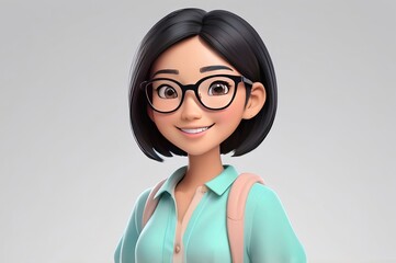 Happy 3D Cartoon Asian Woman with Short Black Hair and Glasses - Smiling Young Female on a Light Background. Made with Generative AI Technology