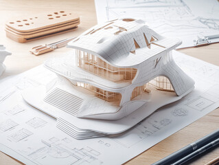 Architectural models of modern futuristic buildings showcasing detailed design and complex structures, crafted with precision and creativity in an architectural studio setting