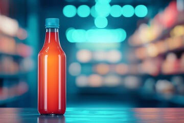 A vibrant bottle filled with a refreshing beverage stands elegantly against a blurred background of colorful shelves.
