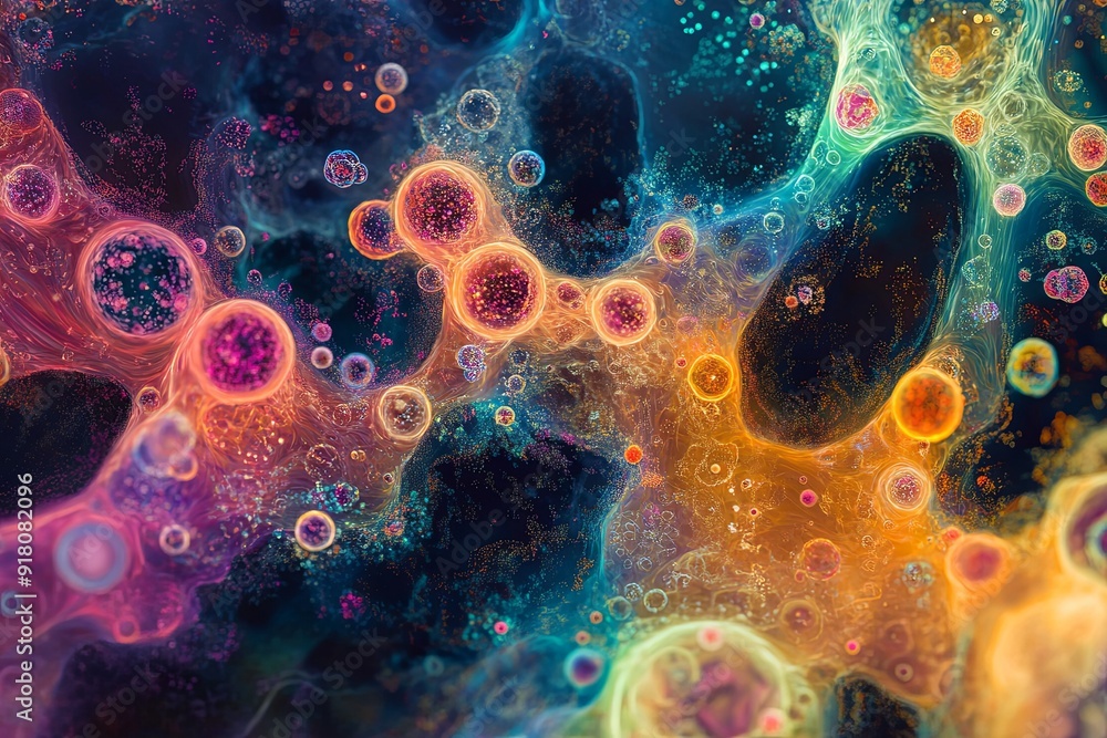 Poster colorful molecular patterns and structures create a vibrant display resembling fireworks in a micros