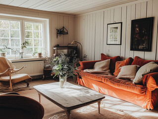 Fototapeta premium Cozy Living Room Interior in Autumnal Colors – Featuring Deep Orange, Charcoal Black, and Bright White Accents