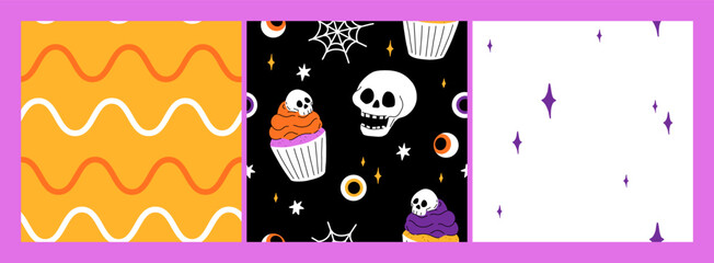 Purple, orange yellow and black seamless prints with Halloween decorative elements - ghost, pumpkin, sculls. Cute vector characters, decor objects - sweets, pumpkin, witch, ghost, bat. Pattern design