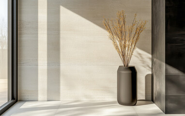 Japandi interior design composition of a living room with elegant furniture and an interplay between lighting and shadows.