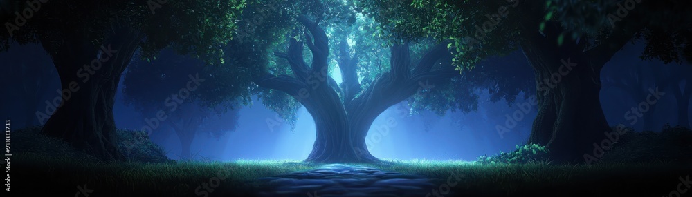 Poster a mystical forest scene with illuminated trees under a moonlit sky, creating an enchanting and seren