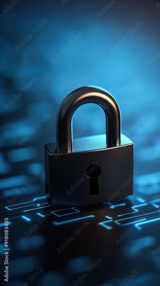 Poster a close-up of a padlock on a digital background, symbolizing security and data protection in the mod