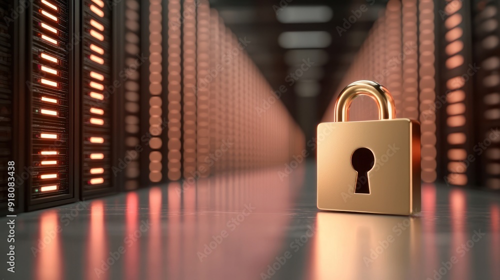 Poster a golden padlock stands in a high-tech server room, symbolizing security and data protection in the 