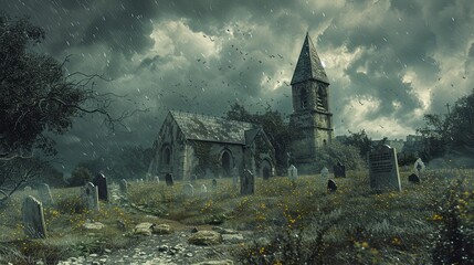 Fototapeta premium A haunted churchyard under a stormy sky, with gravestones casting long, sinister shadows.