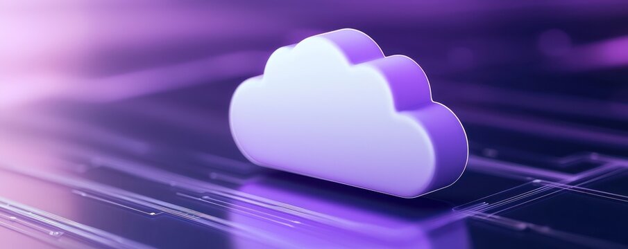 A modern cloud computing icon in purple hues, representing digital storage, technology, and internet connectivity.
