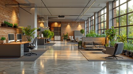 Fototapeta premium Modern office interior with greenery and large windows during the day