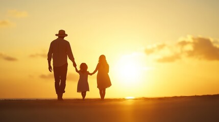 A family walks hand in hand along the beach at sunset, enjoying quality time together in a serene and picturesque setting.