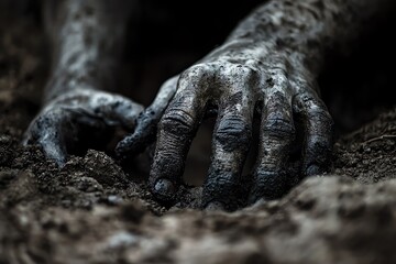 Close-up of a zombie hand reaching out from the dirt.