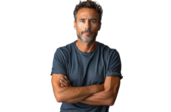 A man with blue eyes isolated on a transparent background for web, banner, wallpaper