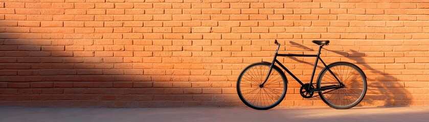 Fototapeta premium A stylish black bicycle leaning against a textured brick wall, showcasing a minimalist urban aesthetic and modern design.