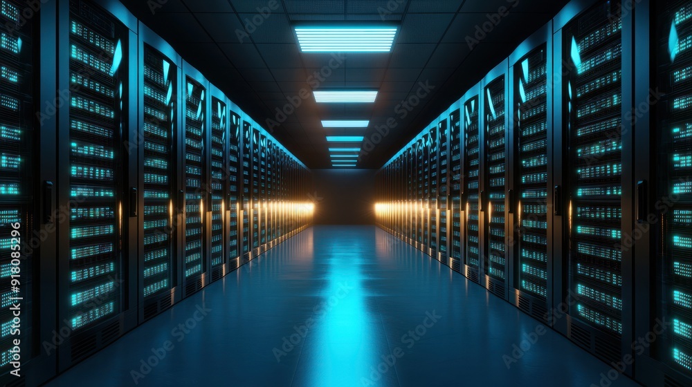 Poster a modern data center with rows of servers illuminated by blue and orange lights, representing advanc