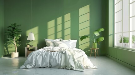 Blank green wall in stylish bedroom