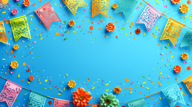  Mexican Fiesta design with blue isolated background, Festive background with colorful bunting balloons and confetti Ideal for celebrations parties ,copy space.