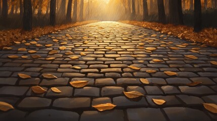 A serene cobblestone path adorned with autumn leaves, illuminated by soft sunlight filtering through the trees.