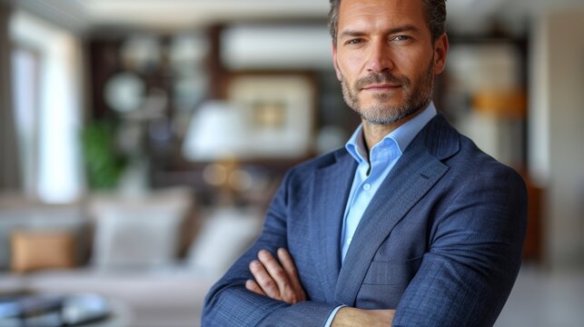 Confident businessman in tailored suit poses with crossed arms in modern office setting during daylight